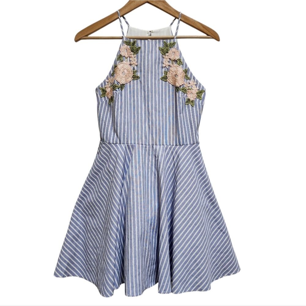 Jodi Kristopher Dress Junior 5 Blue Stripe Floral Sleeveless Flare Mini Cottage
